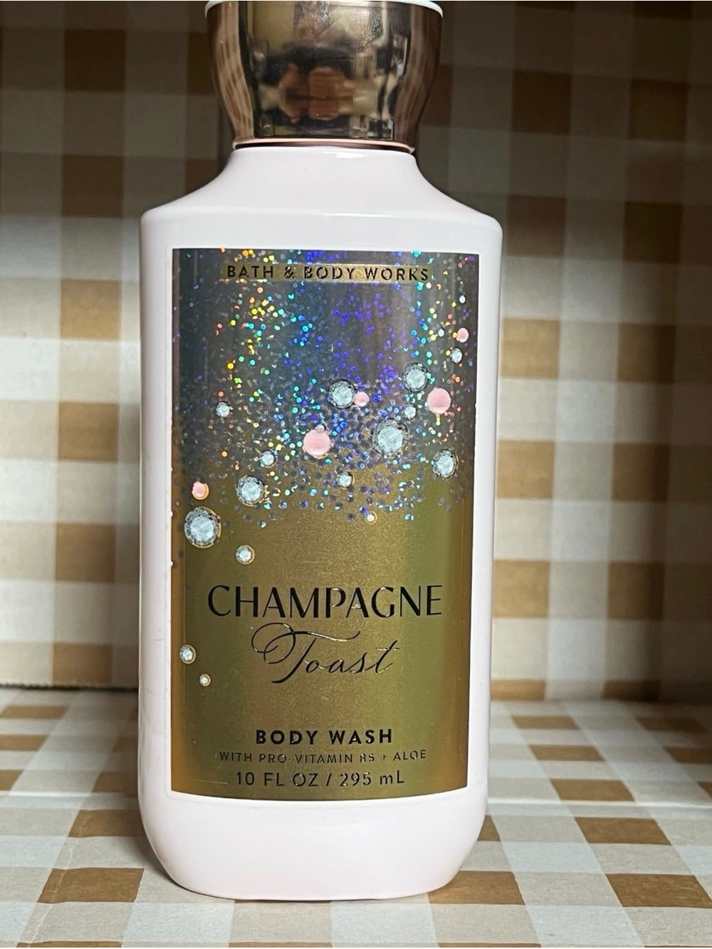 Champagne Body Wash in Soft Pink and Gold Holographic Label